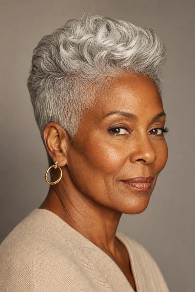 35 Short Haircuts for Black Women Over 50 That Look Stunning in 2026 25 Silver fox tapered pixie for Black women over 50 — fully gray hair, tapered sides, catches light beautifully