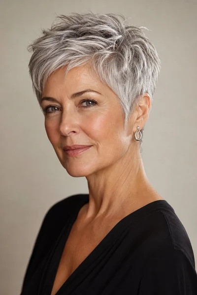 Woman with natural silver and salt-and-pepper hair in a soft blended pixie cut showing gray color and texture