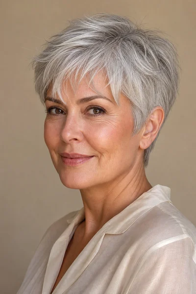 25 Flattering Short Haircuts for Women Over 50 Round Faces 19 Silver pixie with soft fringe — elegant short haircut for fully gray women over 50