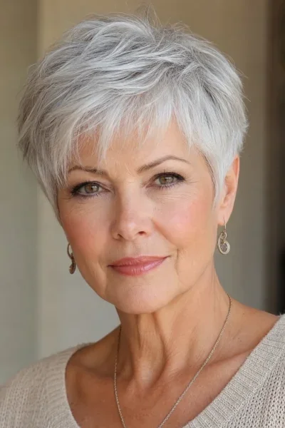 Silver pixie haircut with soft blended layers — elegant polished styling for gray hair