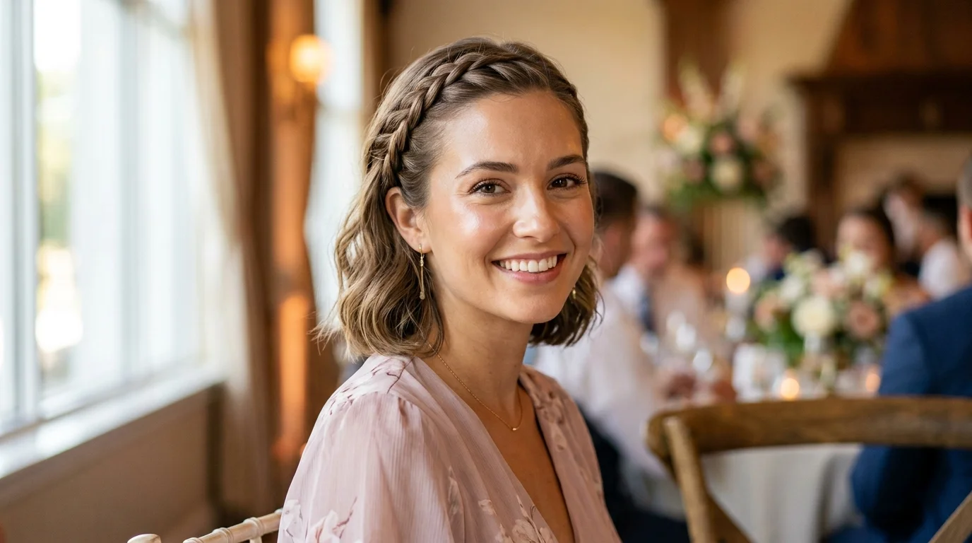 Simplified braided crown hairstyle for a wedding guest, quick single-braid version