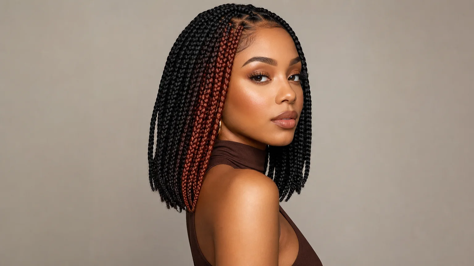 20 Knotless Braids Styles Taking Over 2026 7 Woman wearing knotless braids in a bold skunk-stripe color pattern with a dark base and vibrant color panel.