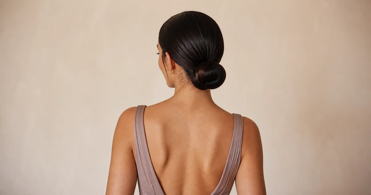 Sleek low bun updo for a backless bridesmaid dress.
