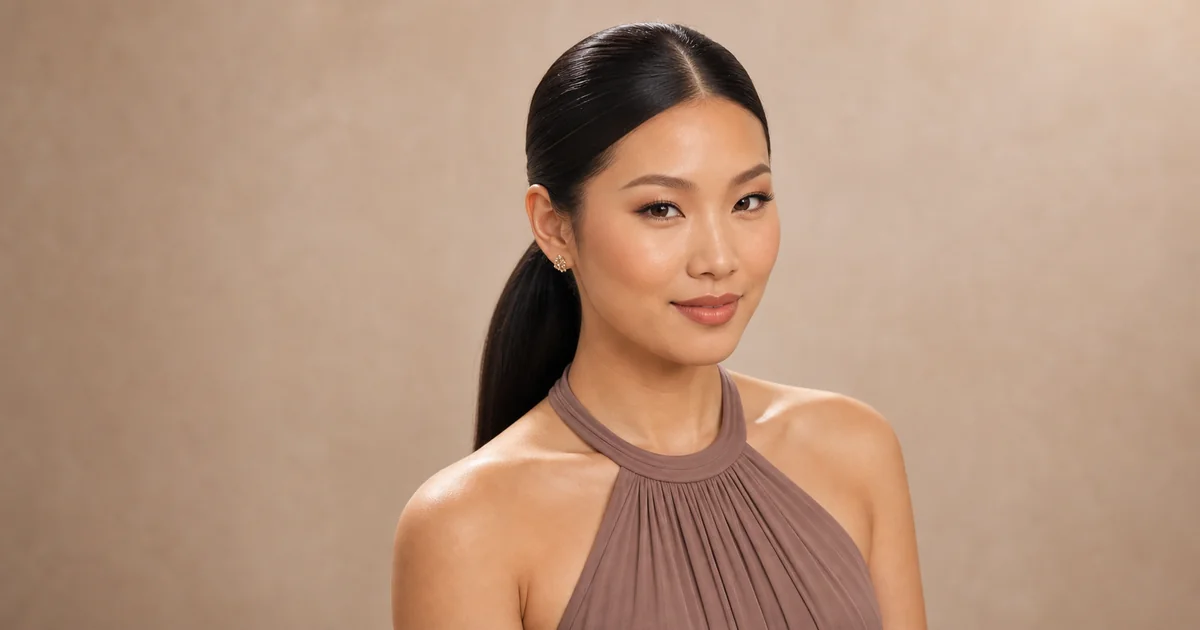 Sleek low ponytail hairstyle for a halter bridesmaid dress.