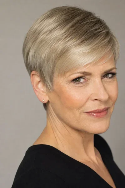 Sleek polished pixie haircut with side-swept styling for mature women