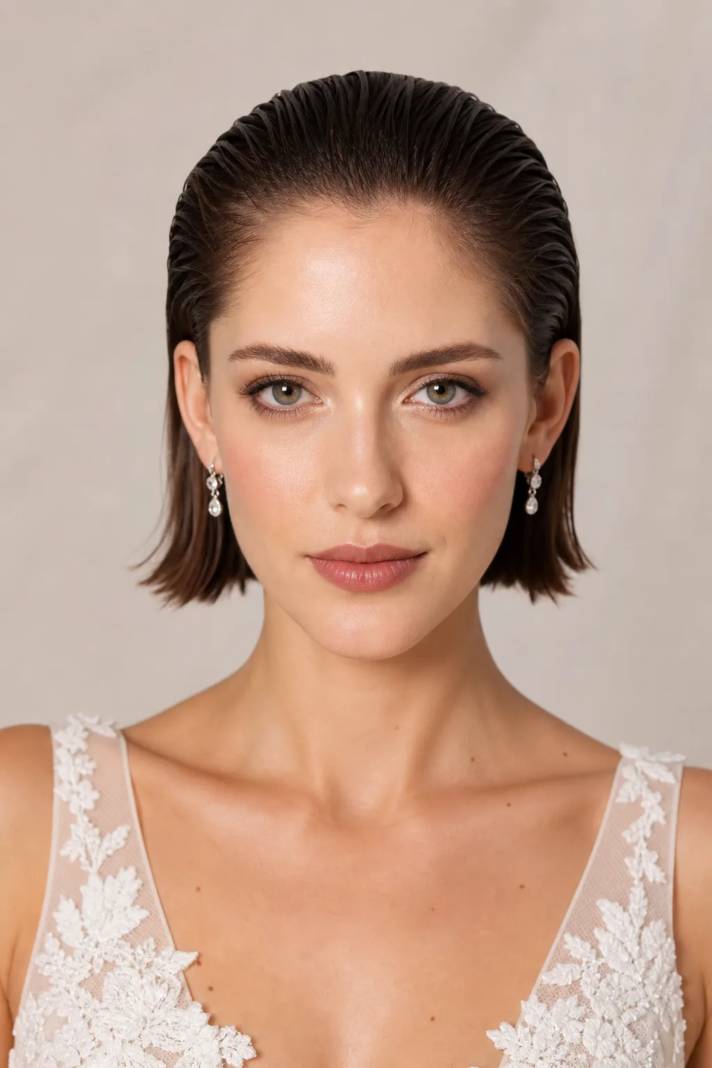 Sleek slicked-back bob wedding hairstyle for short hair, gel hold, minimalist styling, straight hair