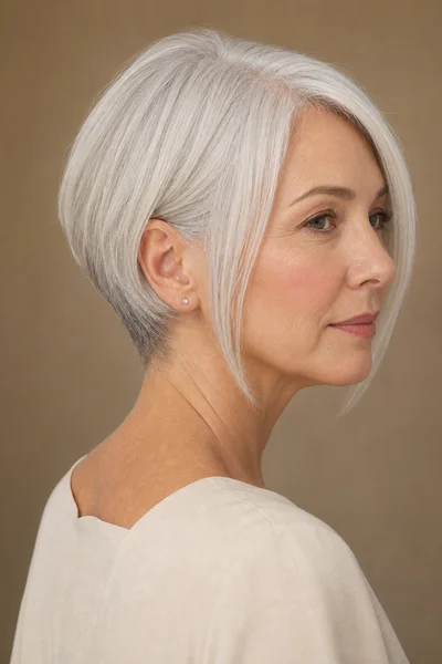 sleek tapered gray bob haircut for women over 50 — short tapered nape graduating longer in front