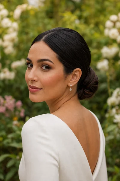 16 Rustic Wedding Hairstyles for Every Hair Length 5 Woman with sleek low bun at nape, garden setting with soft wildflower blooms in background