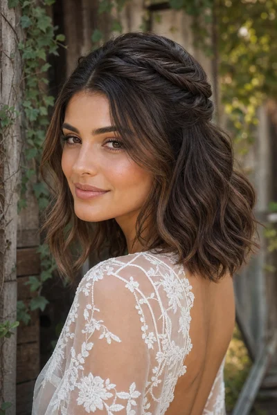 16 Rustic Wedding Hairstyles for Every Hair Length 7 Woman with half-up twisted crown and soft cascading waves, rustic barn wood setting with ivy