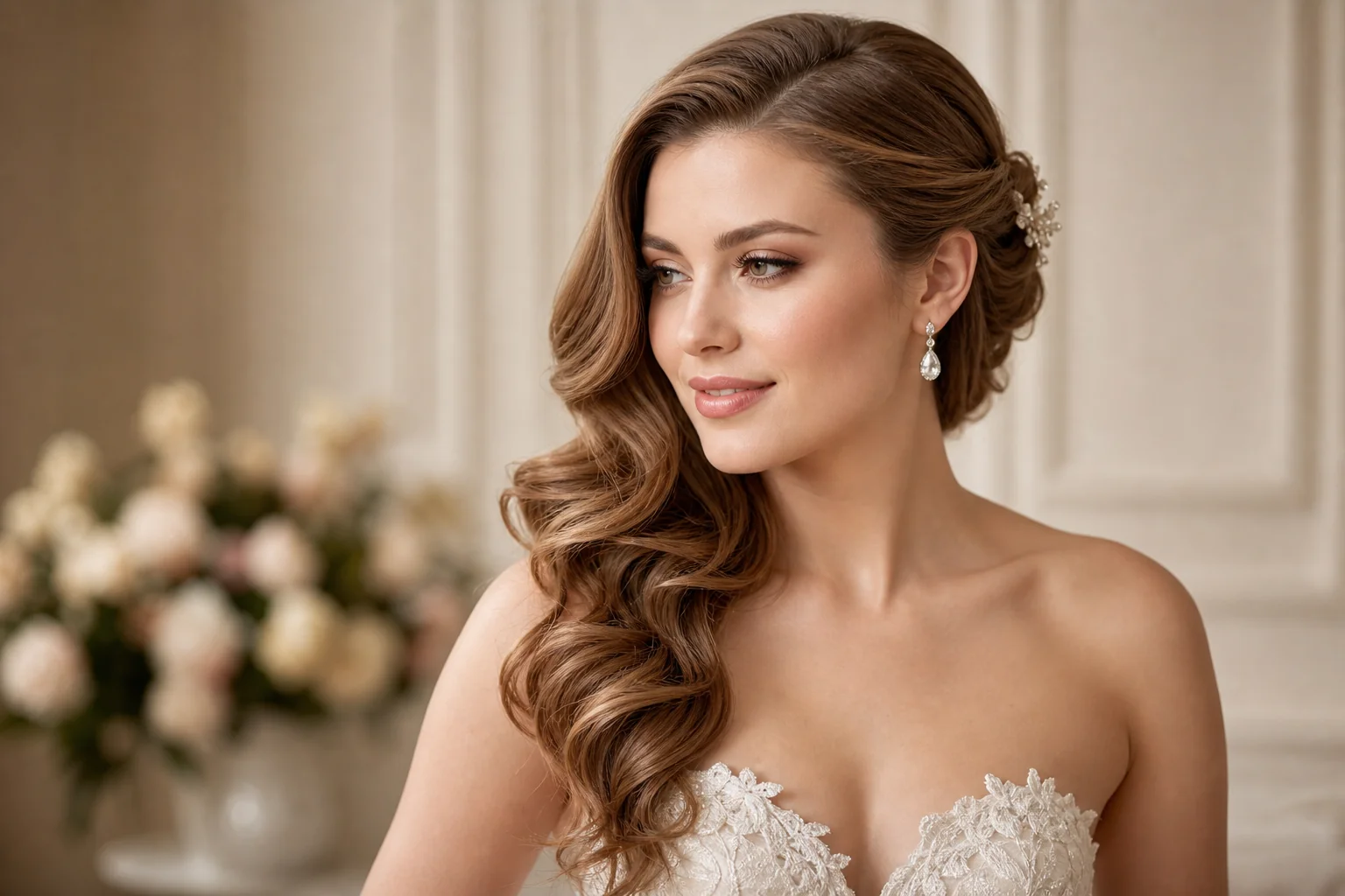 Soft curls with side sweep bridal hairstyle — flattering for round faces