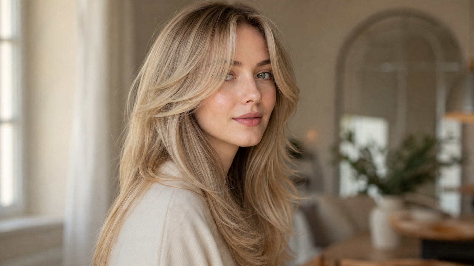 Soft feathered face-framing layers on fine, long hair for fuller appearance.