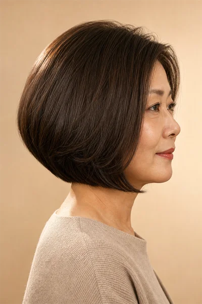 Woman over 50 with a soft graduated bob in side profile showing the longer front and shorter back graduation