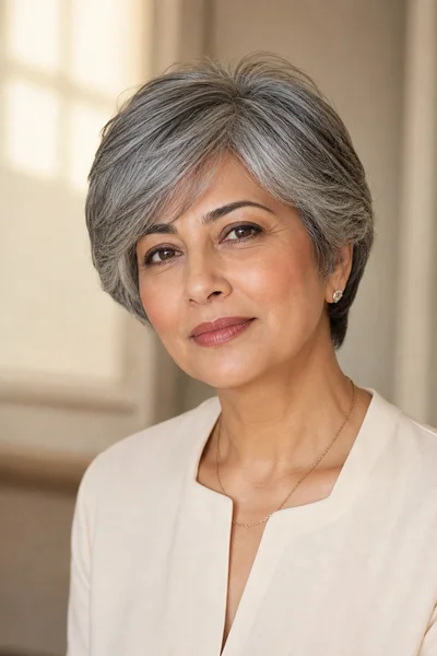 12 Short Gray Pixie Cuts for Women Over 50 7 Soft gray pixie with side-swept fringe on mature woman, polished and classic