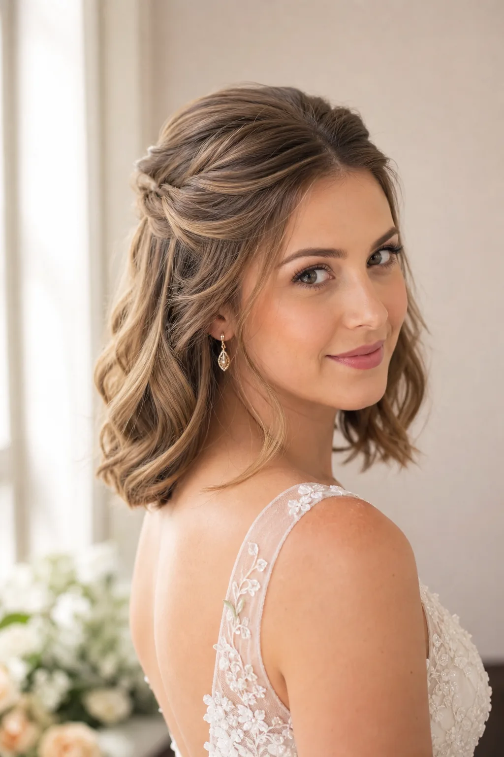 Soft half-up twist wedding hairstyle for short hair, temple twists, crown placement