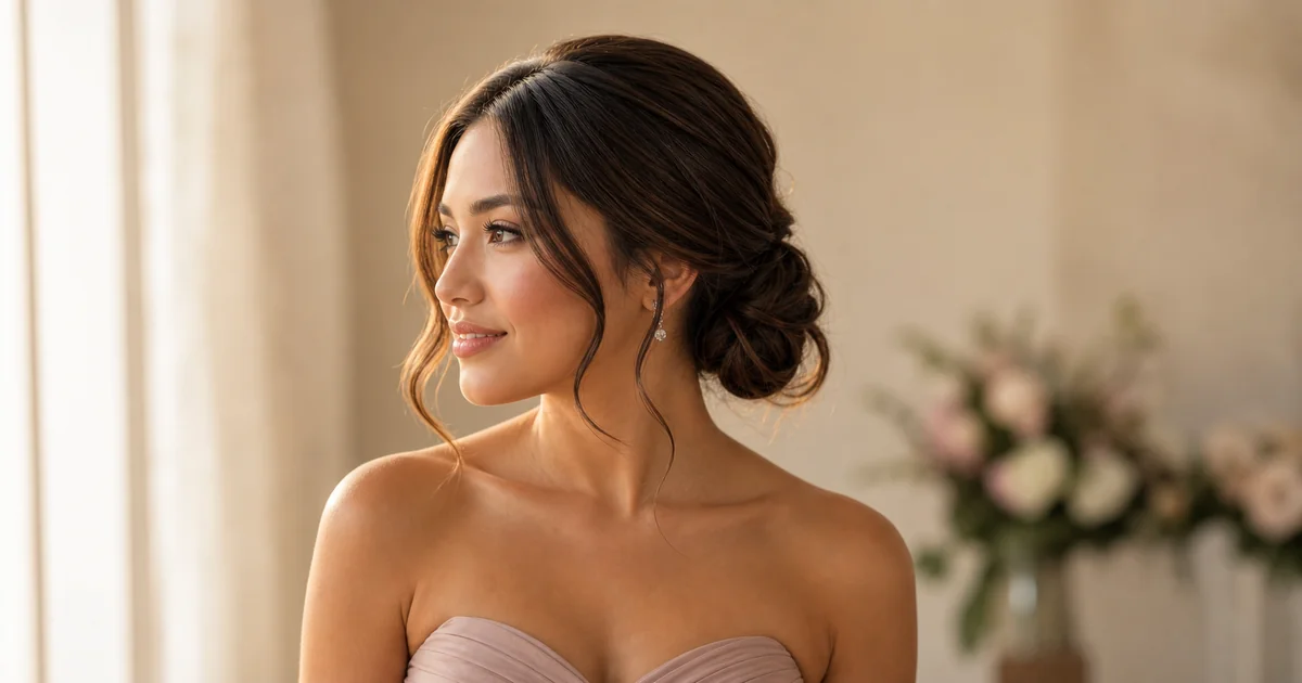 5 Bridesmaid Hairstyles for Strapless and Sweetheart Dresses 5 Soft low bun with face-framing pieces bridesmaid hairstyle for strapless dress