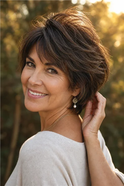 soft layered pixie bob bixie for women over 50 — hybrid short cut with crown layers and bob nape