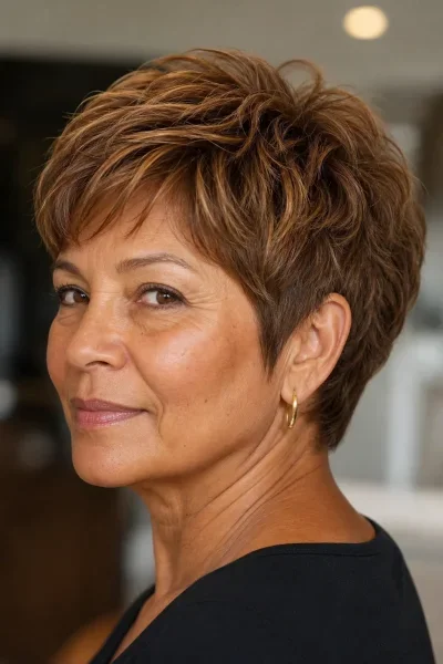 Soft rounded pixie haircut for mature women — flattering gentle styling