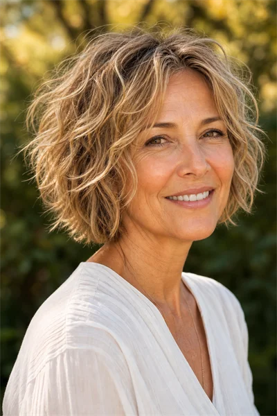 soft shag bob for wavy fine hair over 50 — shattered layers enhance natural wave and create fullness