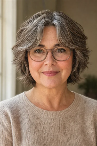 25 Flattering Short Haircuts for Women Over 50 Round Faces 13 Soft shag with curtain bangs — layered short haircut for glasses-wearing women over 50