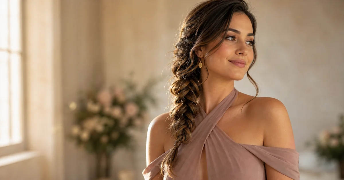 Soft side braid bridesmaid hairstyle for a halter or off-shoulder dress.