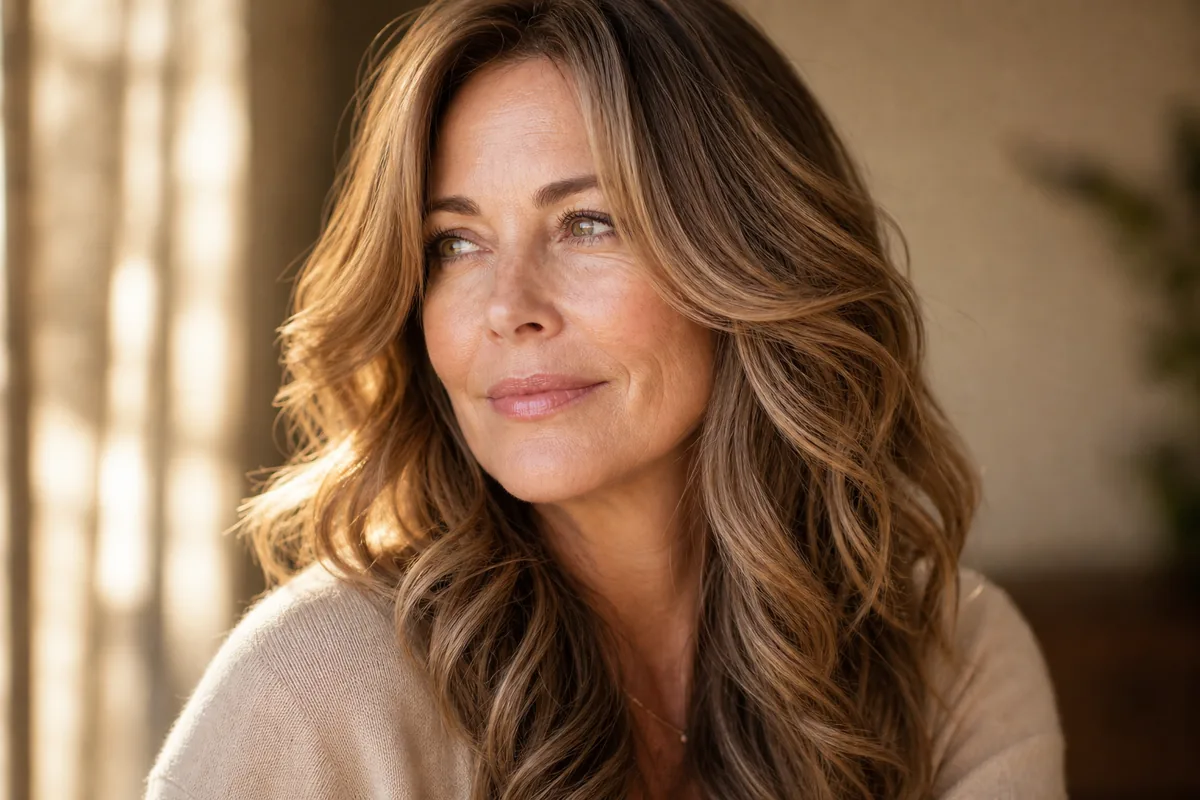 Soft waves with face-framing layers long haircut for women over 40