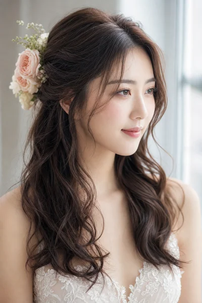 Soft waves half-up wedding hairstyle with fresh flowers — romantic bridal look for fine hair and oval faces
