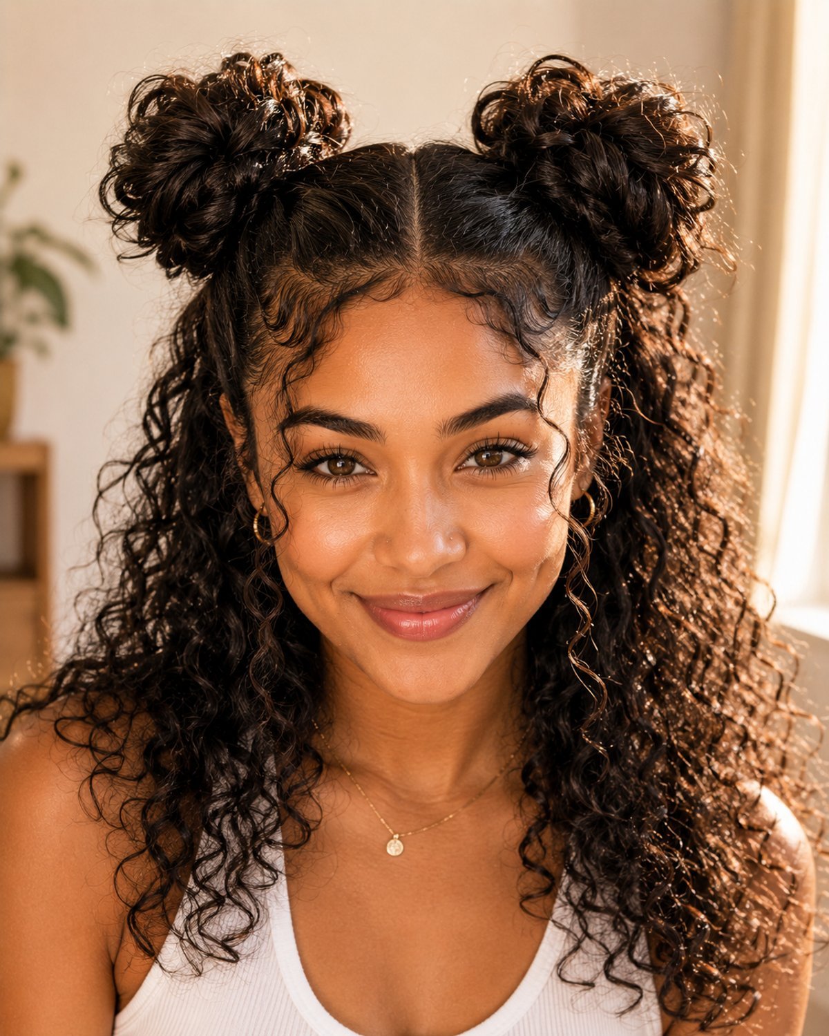Space buns for long thick curly hair — casual playful weekend hairstyle