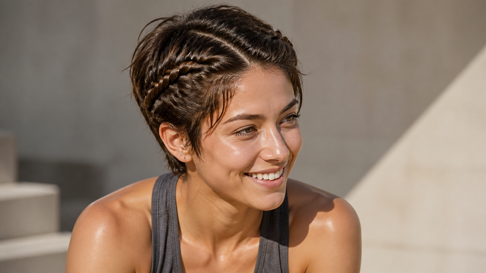 Sporty side Dutch braids on short, layered hair — active hairstyle for shorter lengths