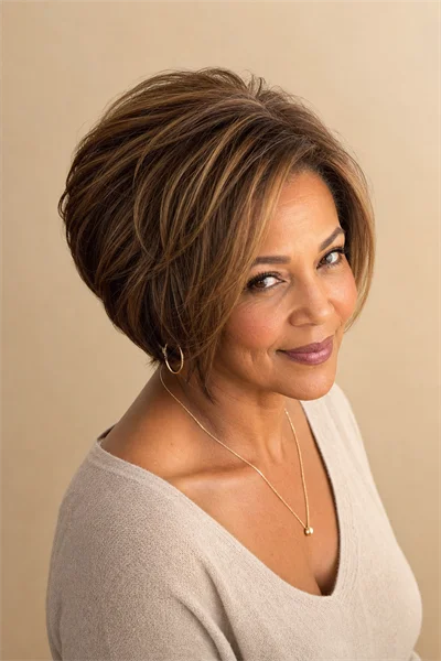 25 Flattering Short Layered Haircuts for Women Over 50 12 stacked layered bob with crown volume on mature woman over 50