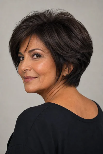 Short stacked bob with graduated back layers on thick hair for round and oval faces