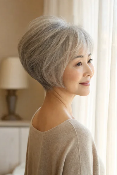 stacked gray bob haircut for fine hair — short at back with volume-building layers for round faces