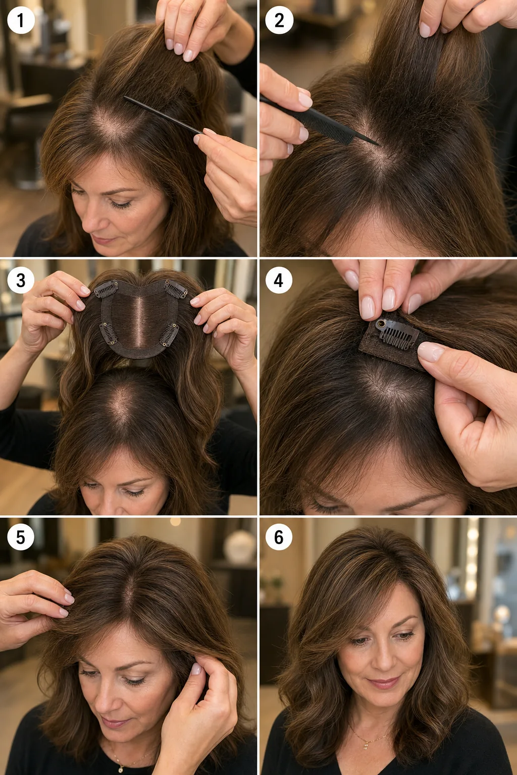Step-by-step instructional guide showing how to attach and blend a clip-in hair topper for thinning hair.