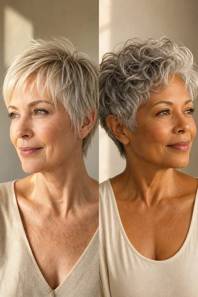straight fine hair versus wavy fine hair texture comparison — how curl pattern affects short haircut appearance