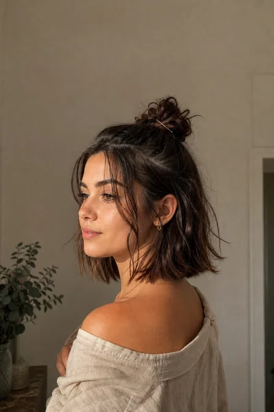 Loose messy top knot on lob-length hair for school