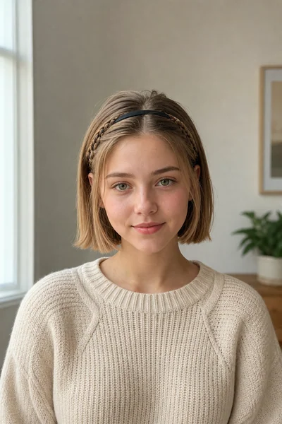 Thin headband with a small braid woven over it on short hair for school