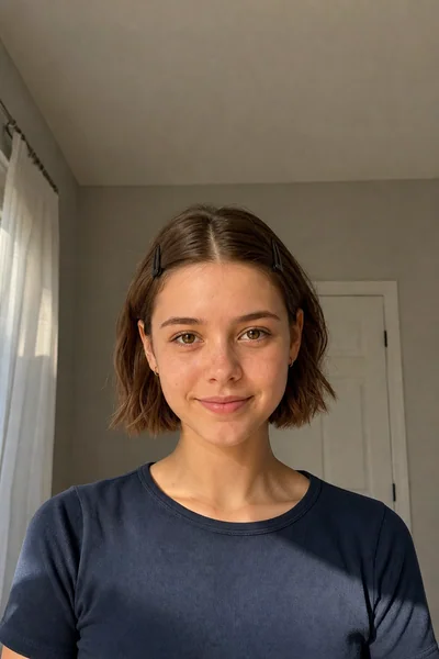 Grown-out curtain bangs clipped back flat for school