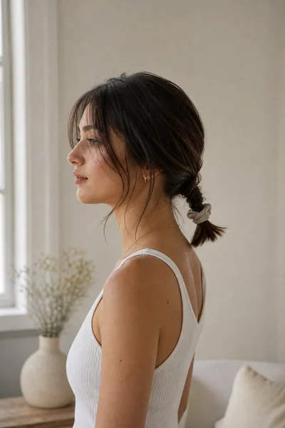 Twisted low ponytail secured with a scrunchie on lob-length hair for school