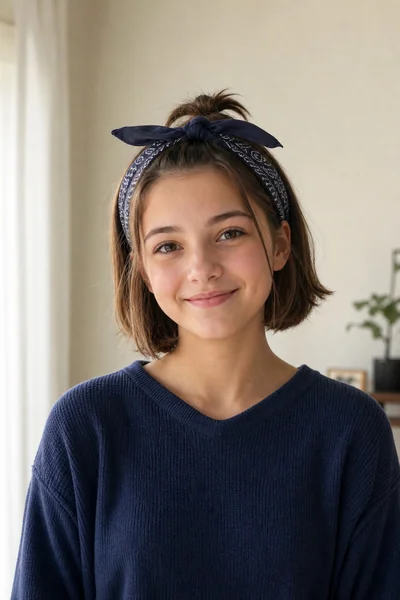 Bandana-wrapped half-up hairstyle on a bob for school