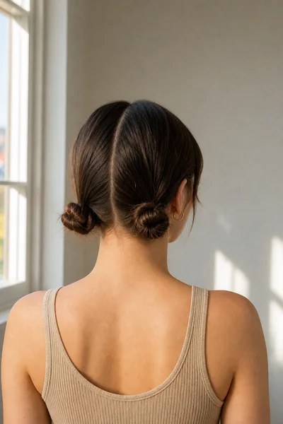Twin low buns styled at the nape on lob-length hair for school