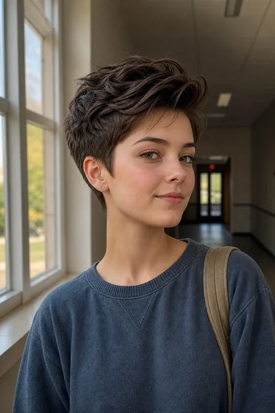 Textured pixie cut with finger-combed volume and definition at the crown for school