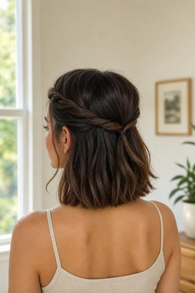 Double twisted half-up hairstyle on bob-length hair for school