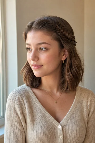 Fishtail-style front strand braid accent on shoulder-length hair for school