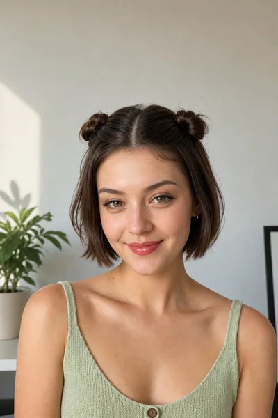 Two small space buns styled on a short bob for school