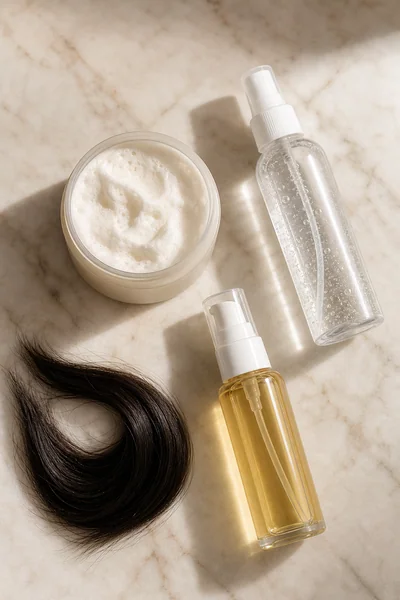 Flat lay of lightweight mousse, anti-humidity spray, and heat protectant — styling products for thick hair