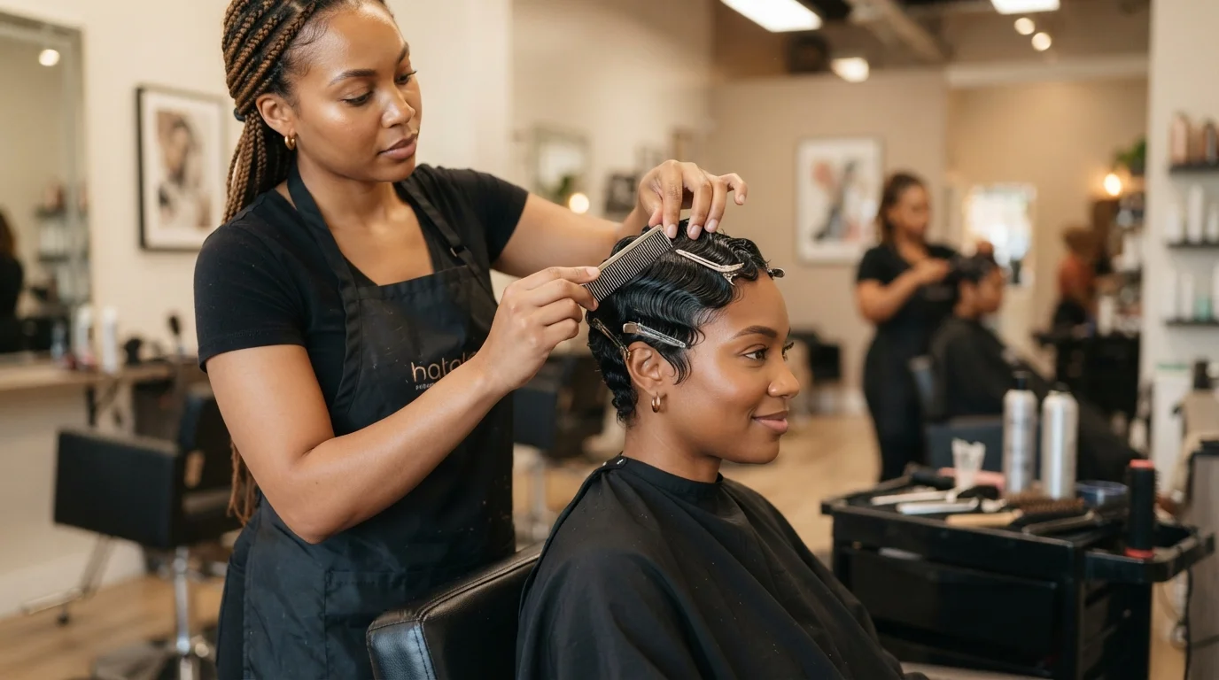 20 Finger Wave Hairstyles for Black Women With Short Hair 28 Stylist setting finger waves on client's short hair in professional salon — skilled stylist service