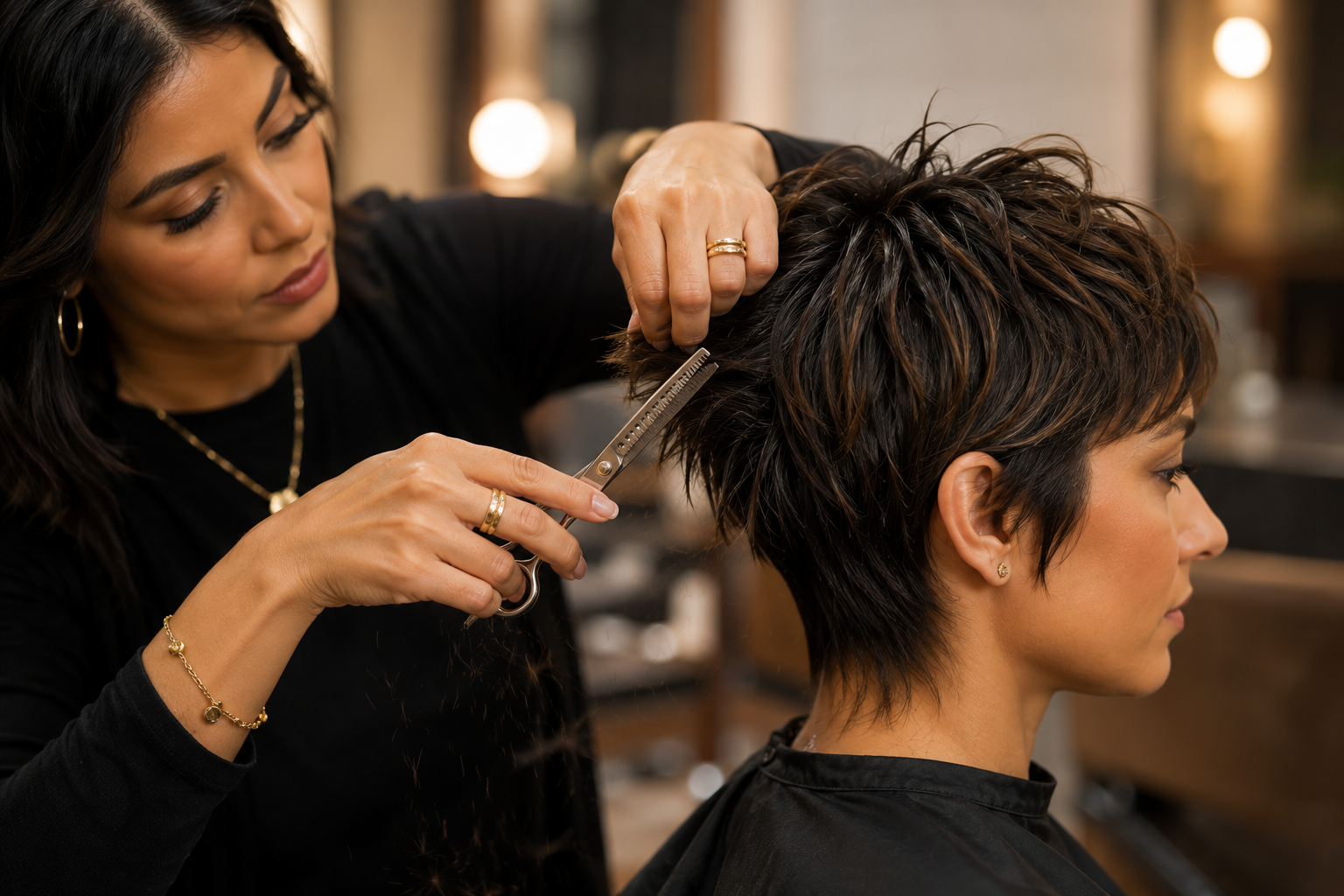 Hairstylist using texturizing shears during a bixie haircut consultation, showing cut technique