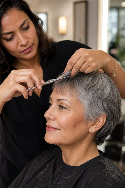 12 Flattering Short Haircuts With Bangs for Women Over 50 16 Stylist trimming bangs during salon appointment, professional precision hairstyling