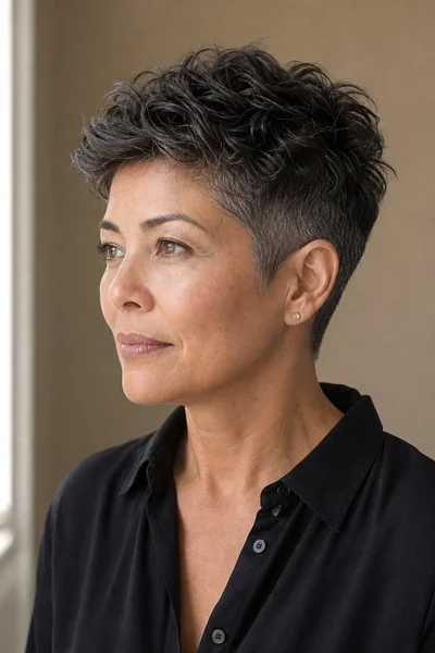 Tapered pixie with graduated neckline on thick wiry hair for mature women