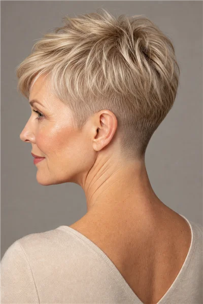 tapered pixie with nape undercut for fine hair — graduated taper and clipped nape prevent sparseness