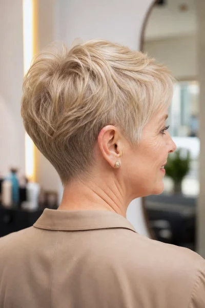 Tapered pixie haircut with gradual undercut nape — clean polished finish